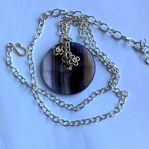 Fluorite Silver Pendant Necklace,Genuine Gem Circle, Donut, New, Adjustable 30"